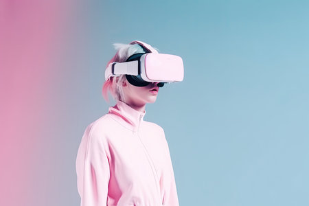 A woman immersed in virtual reality against a vibrant pink backdrop by generative AIの素材