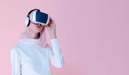 A woman immersed in virtual reality against a vibrant pink backdrop by generative AIの素材