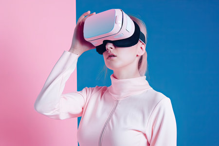 A woman immersed in virtual reality against a vibrant pink backdrop by generative AIの素材