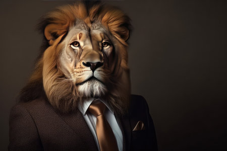 A lion dressed in formal attire, including a suit and tie by generative AIの素材