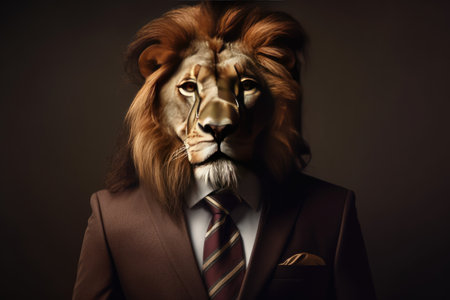 A lion dressed in formal attire, including a suit and tie by generative AIの素材