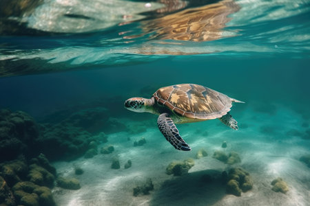 Green sea turtle gracefully swimming in clear blue ocean waters by generative AIの素材