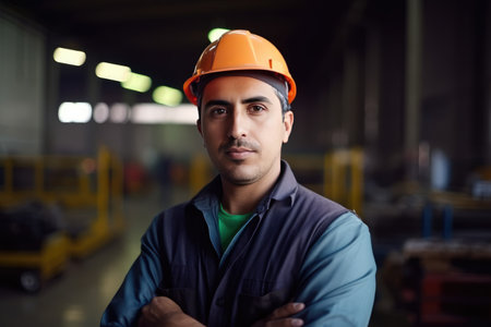 Hispanic factory worker with safety gear and space for text by generative AIの素材