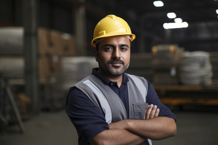 Hispanic factory worker with safety gear and space for text by generative AIの素材