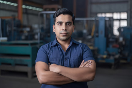 Hispanic factory worker with safety gear and space for text by generative AIの素材