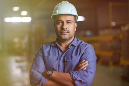 Hispanic factory worker with safety gear and space for text by generative AIの素材