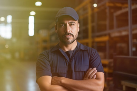Hispanic factory worker with safety gear and space for text by generative AIの素材