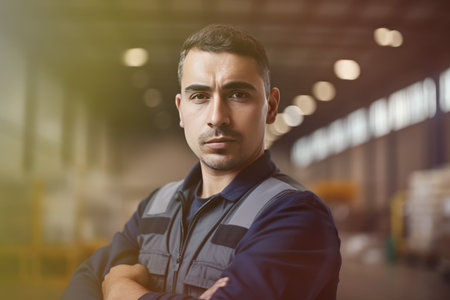 Hispanic factory worker with safety gear and space for text by generative AIの素材