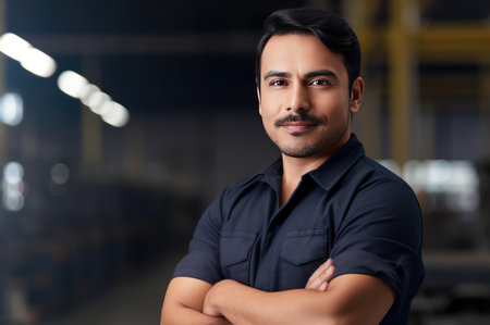 Hispanic factory worker with safety gear and space for text by generative AIの素材