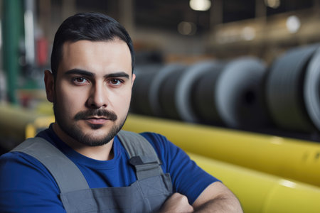 Hispanic factory worker with safety gear and space for text by generative AIの素材