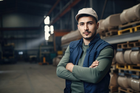 Hispanic factory worker with safety gear and space for text by generative AIの素材