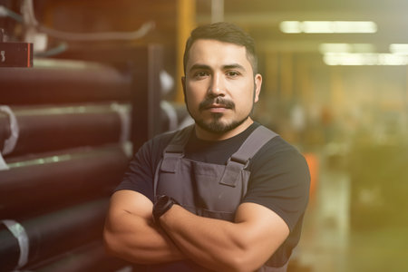 Hispanic factory worker with safety gear and space for text by generative AIの素材
