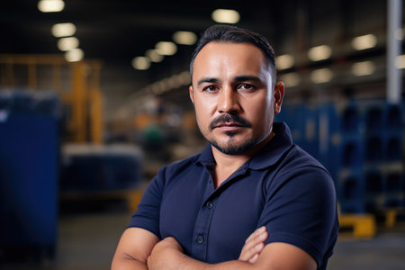 Hispanic factory worker with safety gear and space for text by generative AIの素材