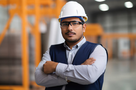 Hispanic factory worker with safety gear and space for text by generative AIの素材