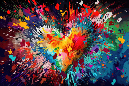Abstract canvas bursts with multicolored hearts by generative AIの素材
