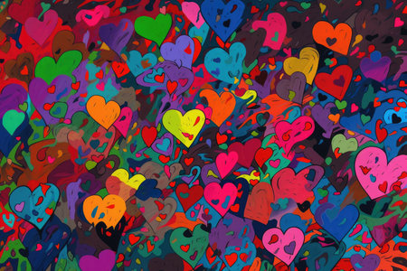 Abstract canvas bursts with multicolored hearts by generative AIの素材
