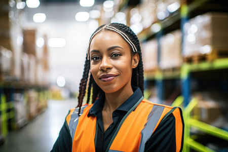 Portrait of confident female warehouse worker smiling for camera in work environment by generative AIの素材