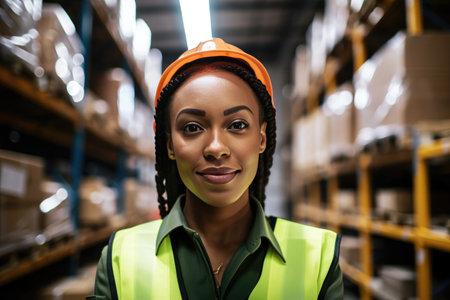 Portrait of confident female warehouse worker smiling for camera in work environment by generative AIの素材