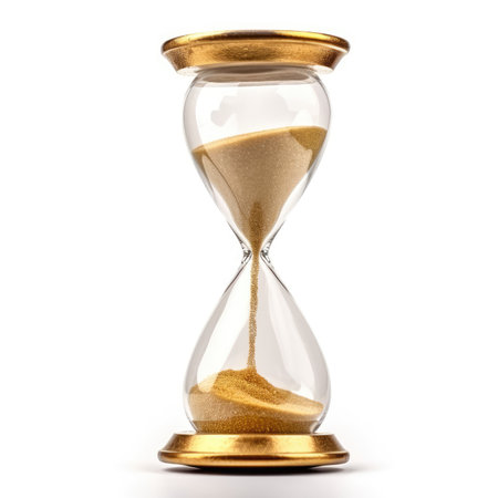 Golden sand hourglass on white background, symbol of time running out. Countdown to deadline, time management and emergency concept bu generative AIの素材