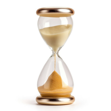 Golden sand hourglass on white background, symbol of time running out. Countdown to deadline, time management and emergency concept bu generative AIの素材