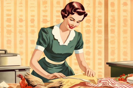 Illustration of a happy housewife smiles while preparing a Thanksgiving or Easter turkey in a vintage retro illustration generative AIの素材