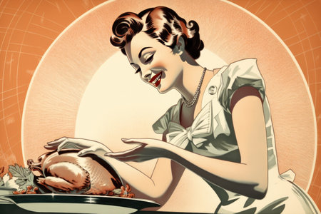 Illustration of a happy housewife smiles while preparing a Thanksgiving or Easter turkey in a vintage retro illustration generative AIの素材