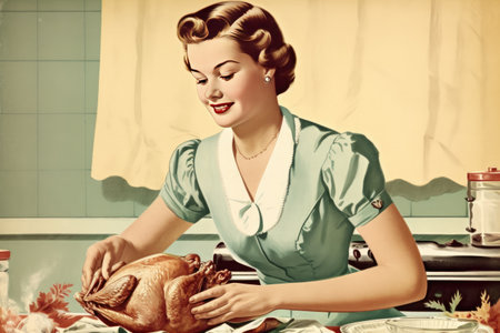Illustration of a happy housewife smiles while preparing a Thanksgiving or Easter turkey in a vintage retro illustration generative AIの素材