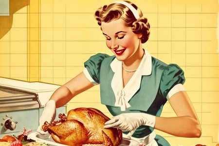 Illustration of a happy housewife smiles while preparing a Thanksgiving or Easter turkey in a vintage retro illustration generative AIの素材