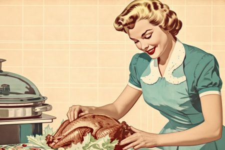 Illustration of a happy housewife smiles while preparing a Thanksgiving or Easter turkey in a vintage retro illustration generative AIの素材
