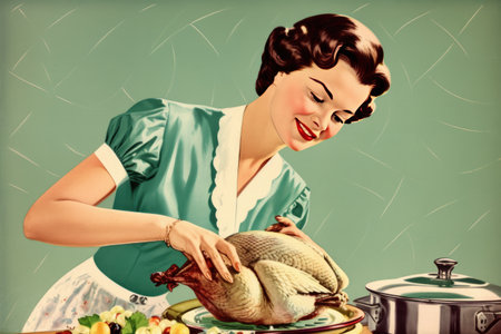 Illustration of a happy housewife smiles while preparing a Thanksgiving or Easter turkey in a vintage retro illustration generative AIの素材