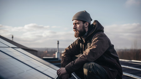 Solar expert installing green energy panels for sustainable living captured candidly on a roof by generative AIの素材