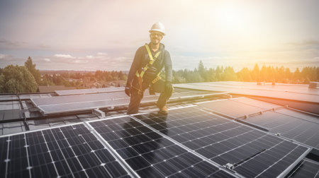 Solar expert installing green energy panels for sustainable living captured candidly on a roof by generative AIの素材