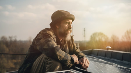 Solar expert installing green energy panels for sustainable living captured candidly on a roof by generative AIの素材
