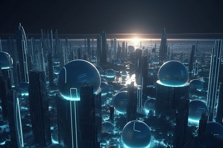 3D model of a city with futuristic architecture, high rise buildings, and a planet, all in one view by generative AIの素材