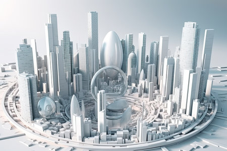 3D model of a city with futuristic architecture, high rise buildings, and a planet, all in one view by generative AIの素材