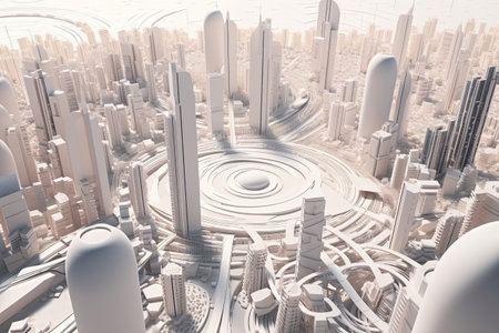 3D model of a city with futuristic architecture, high rise buildings, and a planet, all in one view by generative AIの素材