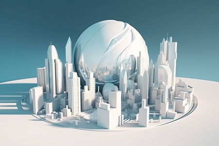 3D model of a city with futuristic architecture, high rise buildings, and a planet, all in one view by generative AIの素材