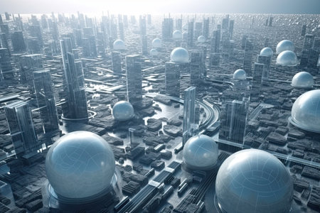 3D model of a city with futuristic architecture, high rise buildings, and a planet, all in one view by generative AIの素材