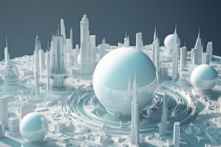 3D model of a city with futuristic architecture, high rise buildings, and a planet, all in one view by generative AIの素材