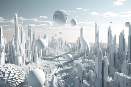3D model of a city with futuristic architecture, high rise buildings, and a planet, all in one view by generative AIの素材