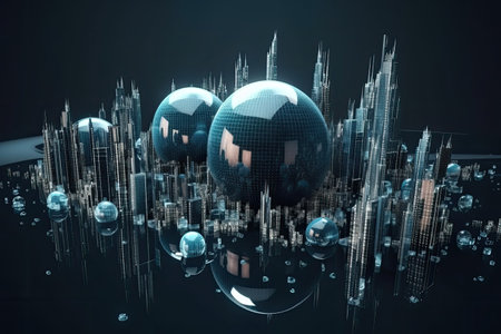 3D model of a city with futuristic architecture, high rise buildings, and a planet, all in one view by generative AIの素材
