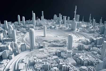 3D model of a city with futuristic architecture, high rise buildings, and a planet, all in one view by generative AIの素材