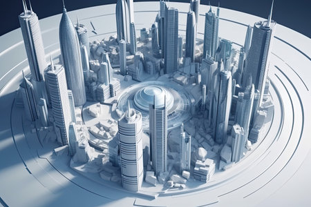3D model of a city with futuristic architecture, high rise buildings, and a planet, all in one view by generative AIの素材