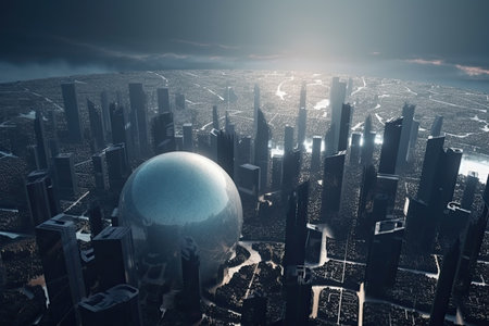 3D model of a city with futuristic architecture, high rise buildings, and a planet, all in one view by generative AIの素材