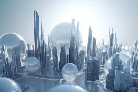 3D model of a city with futuristic architecture, high rise buildings, and a planet, all in one view by generative AIの素材