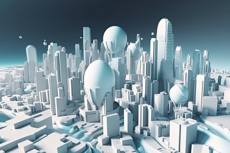 3D model of a city with futuristic architecture, high rise buildings, and a planet, all in one view by generative AIの素材