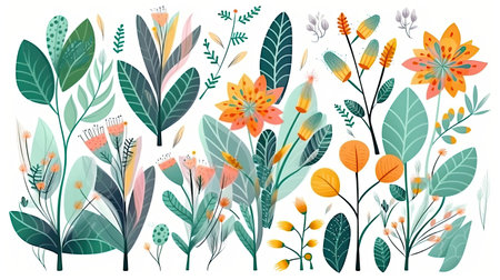 A collection of colorful spring flowers with floral branches, leaves, and foliage. Isolated on a white background generative AIの素材