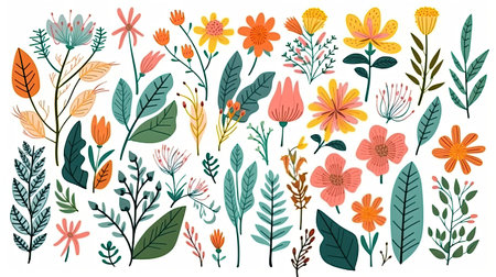 A collection of colorful spring flowers with floral branches, leaves, and foliage. Isolated on a white background generative AIの素材