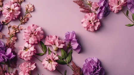 Purple background with top view pink and purple flowers composition by generative AIの素材