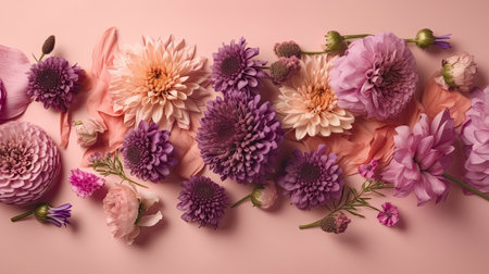 Purple background with top view pink and purple flowers composition by generative AIの素材